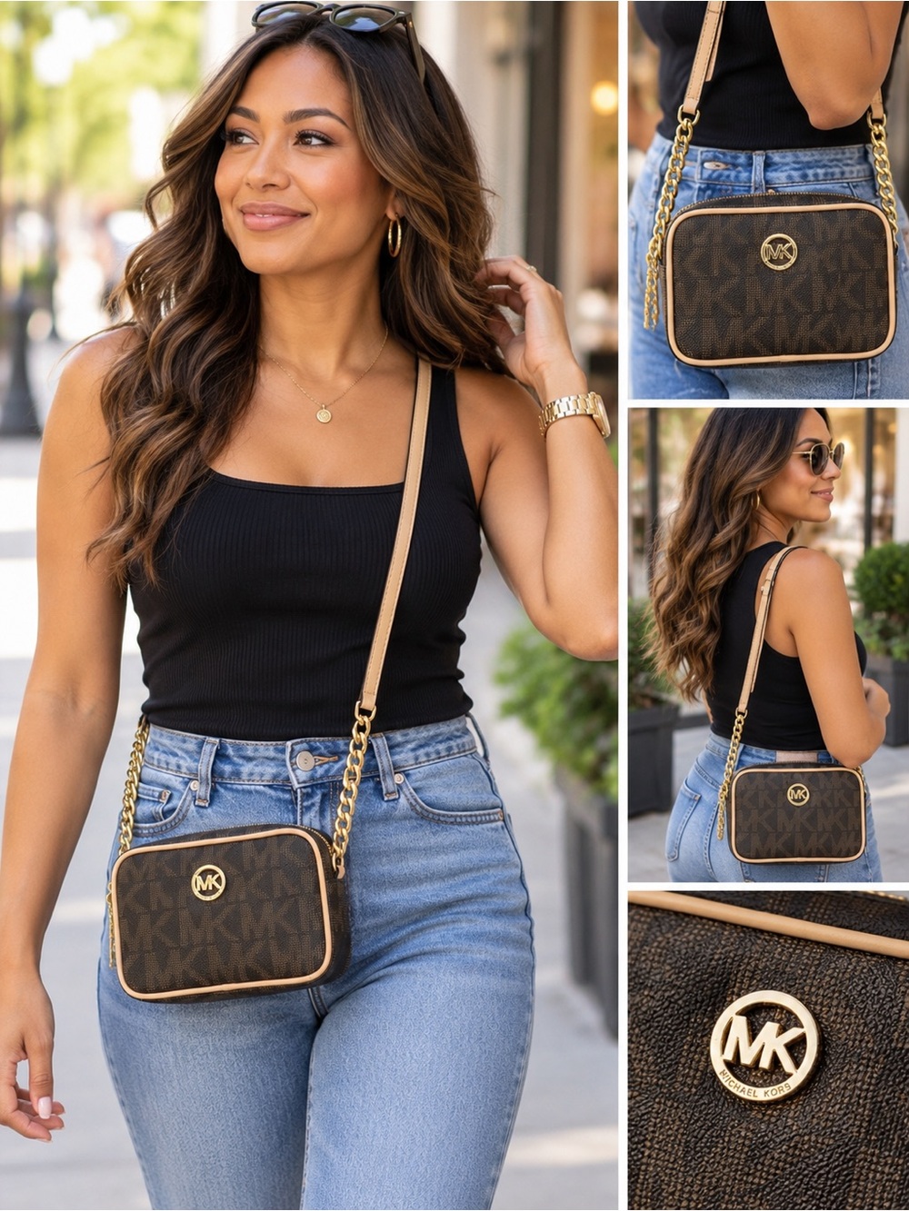 Michael Kors Signature Brown & Tan MK Logo Camera Crossbody Bag - EUC